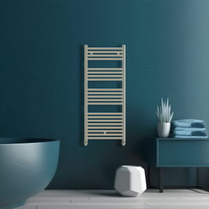 Aura Heated Towel Rail | Matt Blue | Brushed Brass | Vaporo Solutions | Ireland
