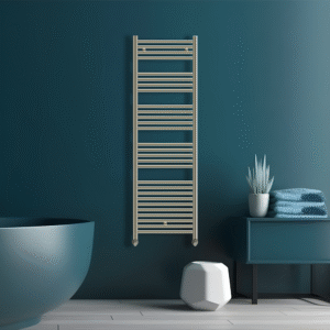 Aura Heated Towel Rail | Matt Blue | Brushed Brass | Vaporo Solutions | Ireland