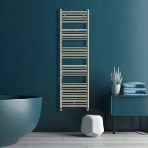 Aura Heated Towel Rail | Matt Blue | Brushed Brass | Vaporo Solutions | Ireland