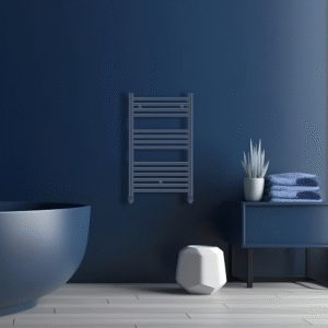 Aura Heated Towel Rail | Matt Blue | Brushed Brass | Vaporo Solutions | Ireland